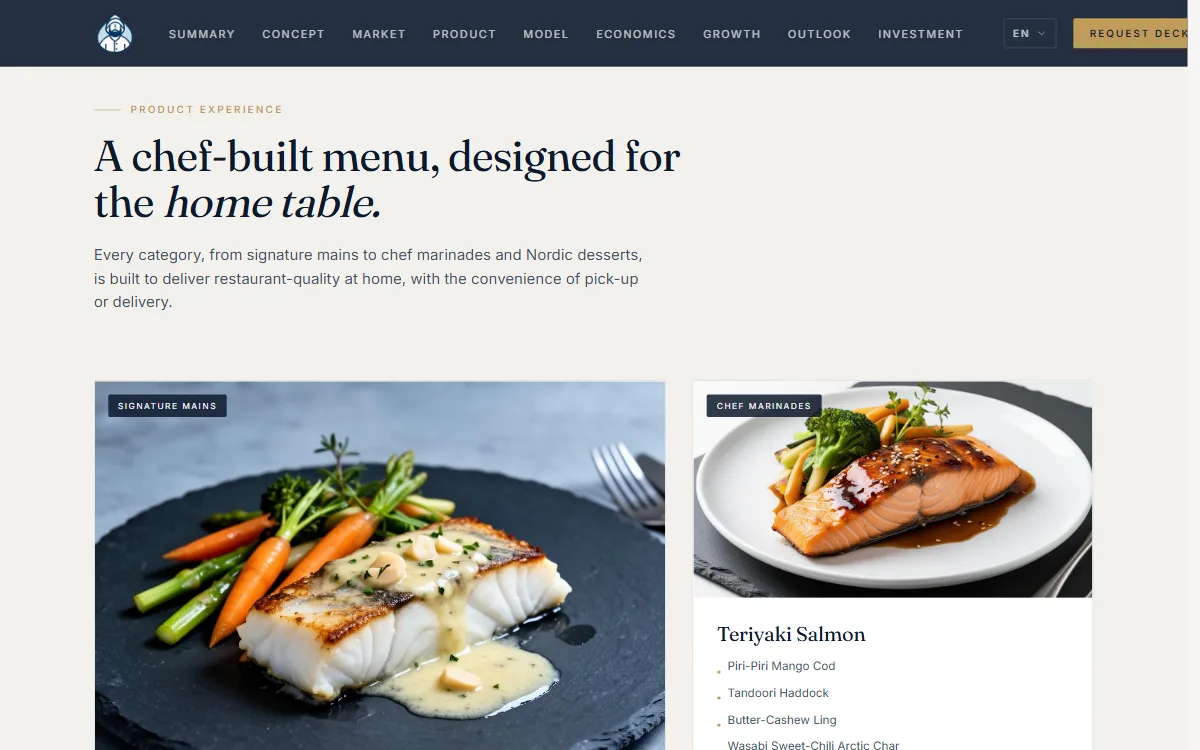 The chef-built menu section, with dish photos
