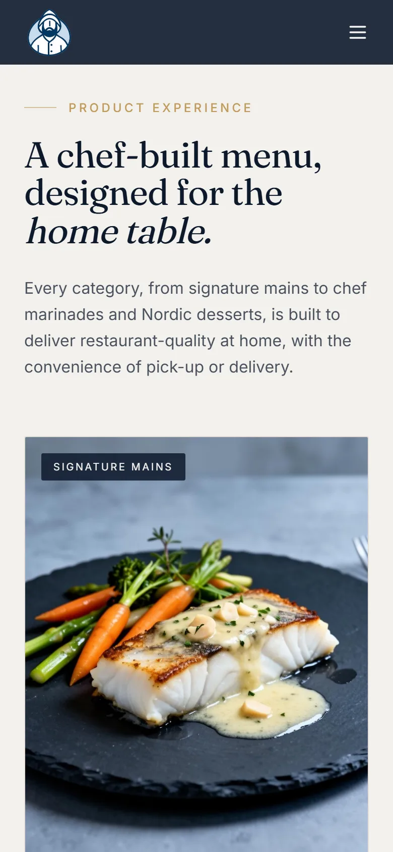 The pitch on a phone: the product section, a chef-built menu with a dish photo