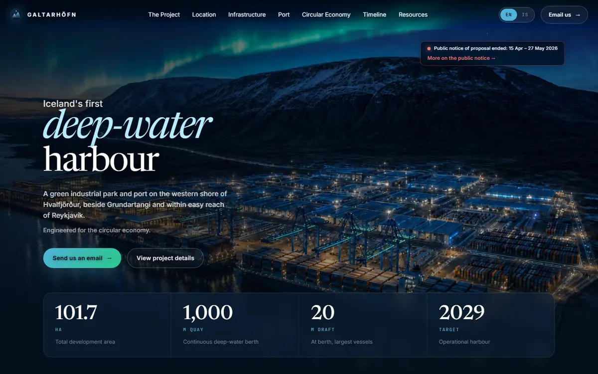 Galtarhöfn Harbour: the first screen of the live site