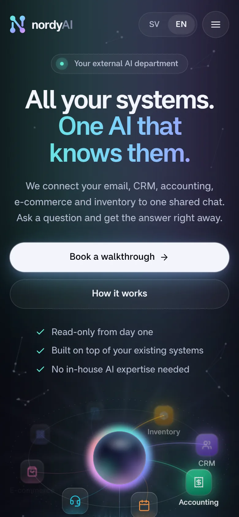 Nordy AI on a phone: the first screen of the English version
