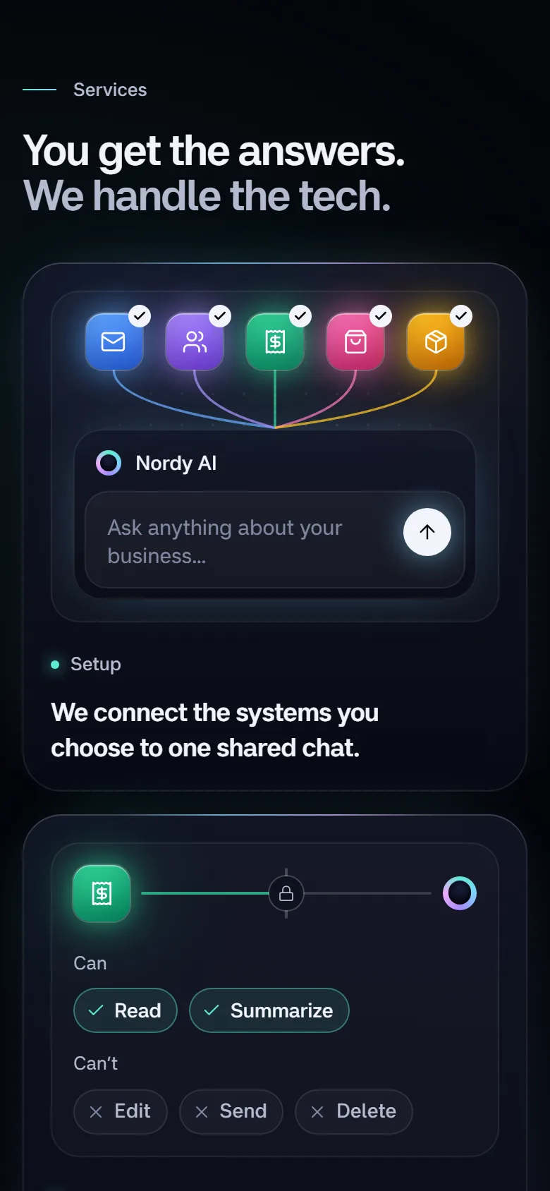 The services section on a phone: five systems joined to one chat, and what the AI can and can't do